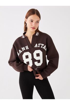 LC Waikiki LCW Vision Polo Yaka Bask l Uzun Kollu Oversize Kad n Sweatshirt Fiyat Yorumlar Trendyol