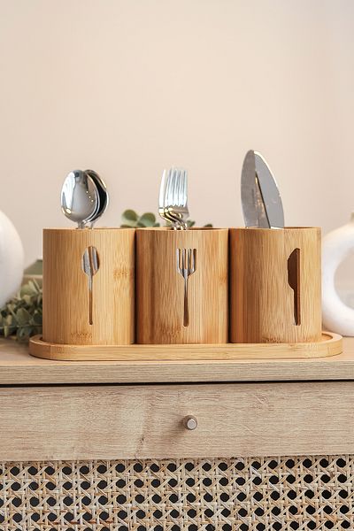 Sever 4 Piece Bamboo Organizer Set - Spoon, Fork and Knife