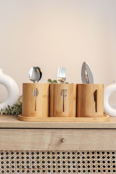 Sever 4 Piece Bamboo Organizer Set - Spoon, Fork and Knife