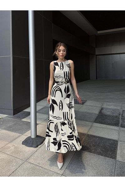 SEDA FİDAN Black Viscose Dress - Belted and Flounce Pattern