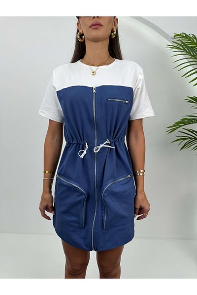 Elif Özbey Butik Rochie din Gabardina - Albastra, Detaliu cu Snur in Talie si Fermoar