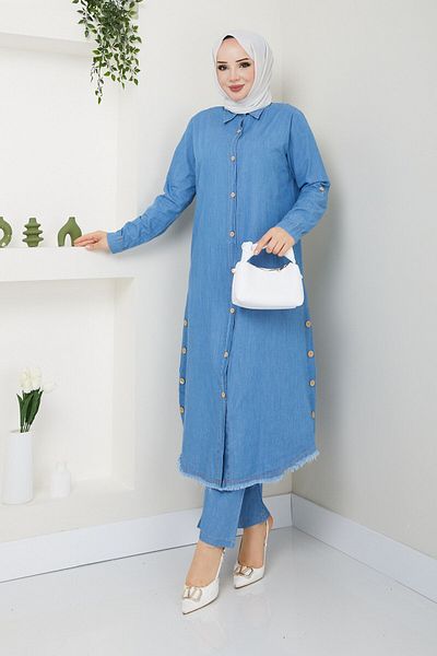 Pamuk Butik Women's Wooden Button Detailed Trousers Double Denim Suit