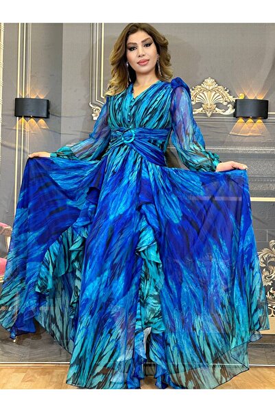 Yeşilmoda abiye elbise ipek krep kumaş astarlı maxi yüksek kalite işlemeli mavi