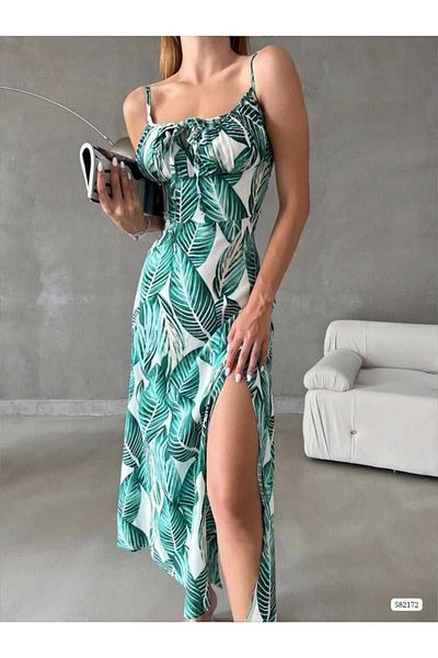 Planet Prestige Rochie de vară din viscoză țesută cu model de frunze și cu bretele