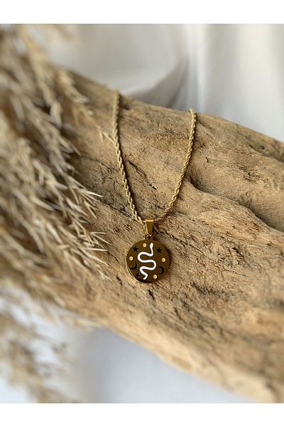 Atölye Merdiven 316 L Tarnish Stainless Steel Locket Necklace - White Snake Detail