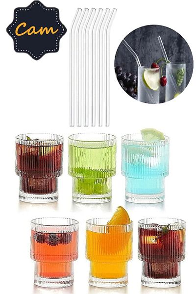 Hilamingo Home Set of 6 Origami Style Borosilicate Cups and Thermosilicate Glass Straws - Stylish and Elegant