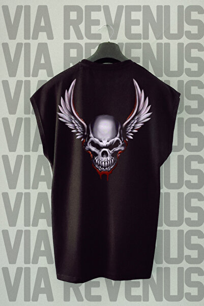 Vordevia Biker Skull Back Štampano - široka crna sportska majica