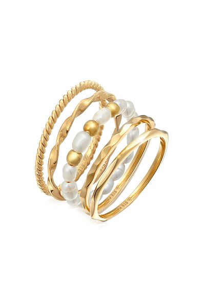 ELLI Ring Damen Stack Basic 5er Set mit Süßwasser-Zuchtperlen in 925 Sterling Silber vergoldet