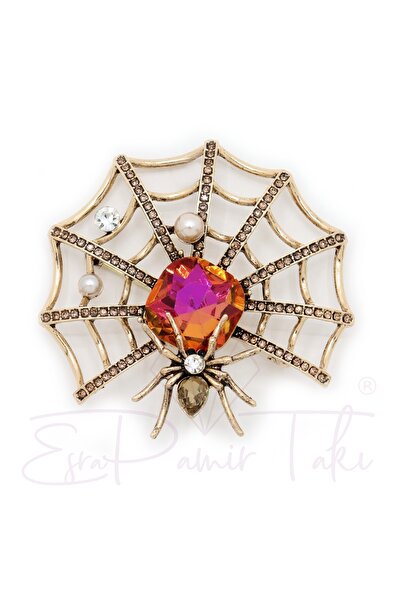 Esra Pamir Zirkon Ve Pembe Taşlı Örümcek Ağ Broş