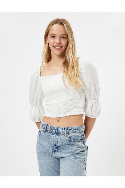 Koton Bluse mit Ballonärmeln, elastischer, quadratischer Ausschnitt
