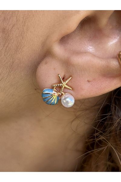 ByMerve Bym530 Double Mussel Mini Earrings with Pearls and Stones - Blue, Gold Gilt