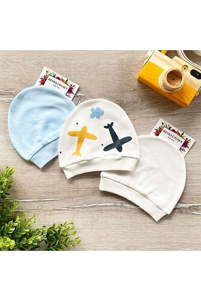 Renkli Puset 3-Piece Organic Cotton Combed Baby Hat Beanie Set Airplane