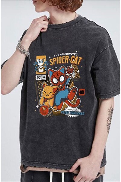 DEEFWEAR Spıder Cat Baskılı Unisex Yıkamalı Oversıze Tişört