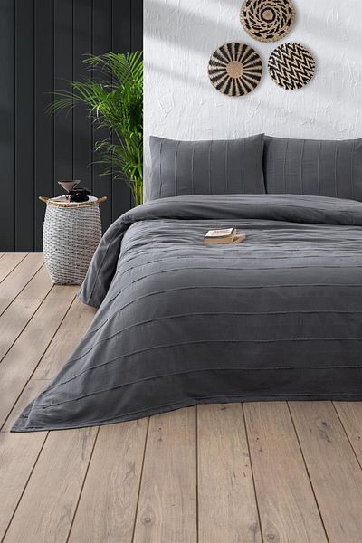 Denizli Concept طقم بيكيه أنثراسيت مزدوج من القطن 100% - سلسلة 210 × 220 سم - 2 قطعة غطاء وسادة 50 × 70 سم