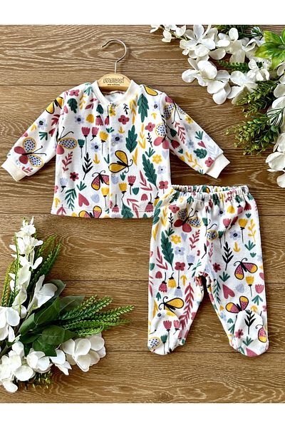 Renkli Puset 2-Piece Winter Seasonal Velvet Booties Bottom Top Baby Girl Suit Flower Butterfly