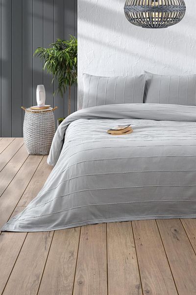 Denizli Concept Double Gray Pique Set - 210x220 Cm 2x(50X70) Cm Pillow Case, 3 Pieces, Mother of Pearl