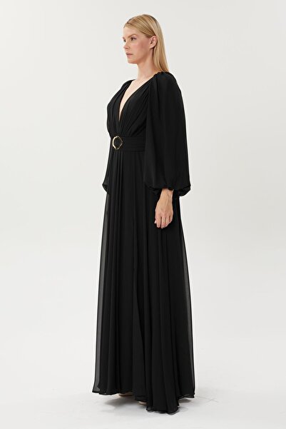 HaHelin Belden Kemer   Detaylı Şifon Uzun Abiye Elbise