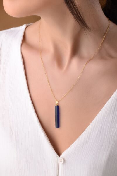 Amberistan Yetişkin Mavi Bar Damla Kehribar Kolye – Altın Kaplama Gümüş Zincir, Kehribar Mücevher, Mavi Kolye
