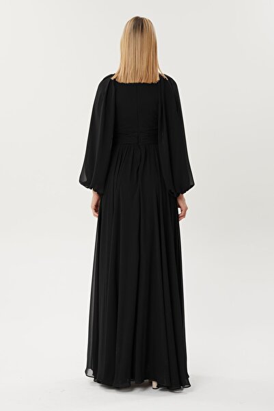 HaHelin Belden Kemer   Detaylı Şifon Uzun Abiye Elbise