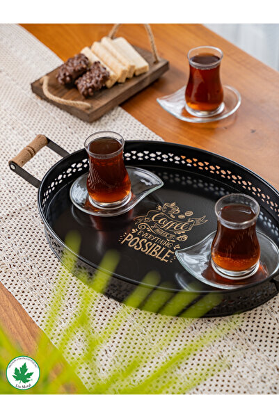 linmetal Tulipa Ahşap Kulplu Desenli Oval Metal Servis Tepsisi 37cm, Kahve Te...