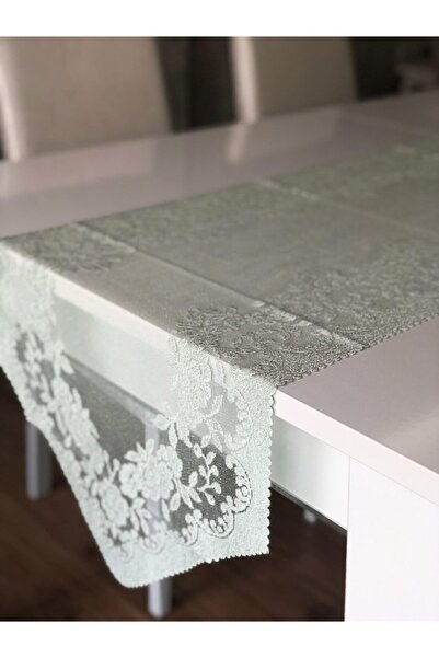 WENESSİ Güllü Desen Örme Tül Runner Örtüsü 40x140 (FISTIK YEŞİLİ)