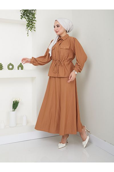 VOLT CLOTHİNG Kadın Bel Büzgülü Gömlek Yaka Çizgili Etekli Takım