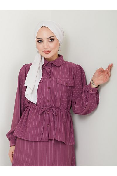 VOLT CLOTHİNG Set de damă cu guler cămașă în dungi și fustă adunată în talie