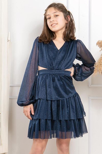 SUBU TASARIM Frilly Glittery Tulle Children's Evening Dress Navy Blue Mdv308