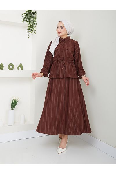 VOLT CLOTHİNG Striped Shirt Collar and Waist Gathered Skirt Women's Set