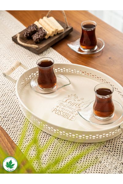 linmetal 37cm Oval Patterned Tulipa Serving Tray with Wooden Handles - Brown (Printed?)