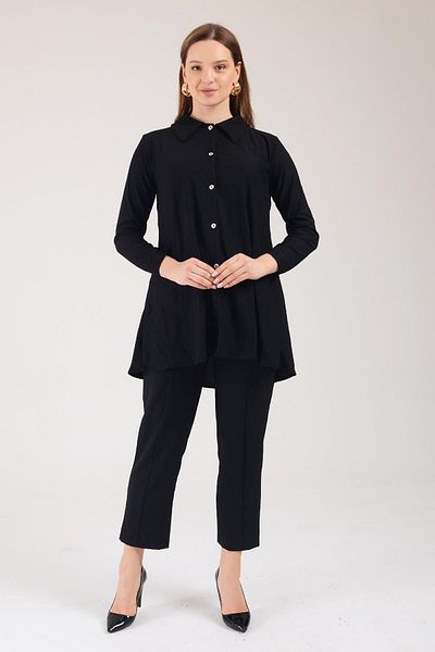 PİNKMARK PINKMARK Women's - Black Buttoned Shirt, Elastic Waist Pants and Hijab Set PMTK25638