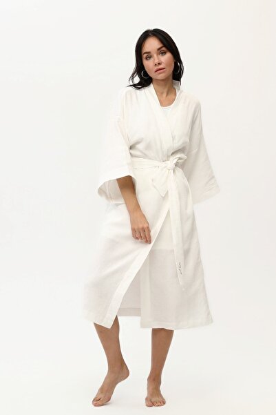 Pinuts Ekru Pamuk Müslin Uzun Basic Geniş Kalıp Unisex Beyaz Kimono