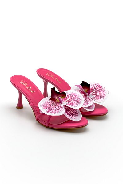Shoebutik Papuci de damă cu toc Lavia cu model floral fucsia