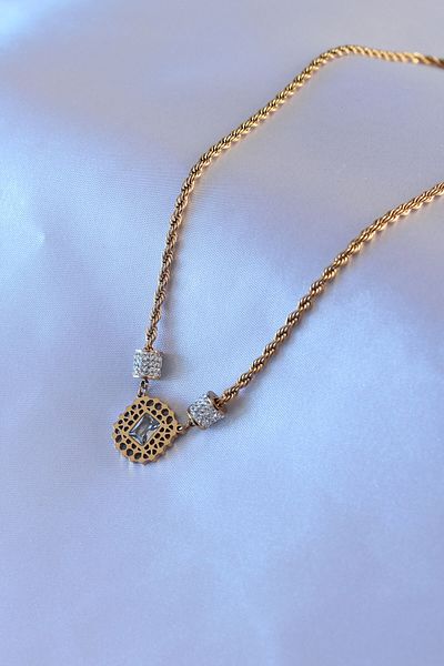 Moka Shopin Gold Color Lotus Model Zircon Stone Women's Necklace - 316l Twist Chain