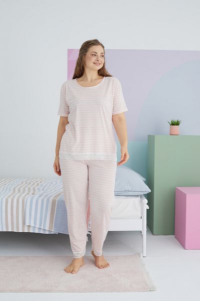 Siyah İnci Large Size Oversize Cotton Pajama Set - Light Salmon Curve