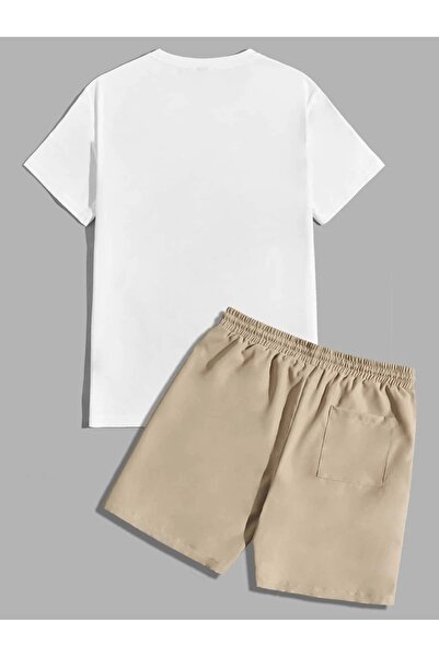 Hunors Sportswear & Company White Beige Oversize Men's T-shirt and Shorts Set - Chillmode Printed, Crew Neck