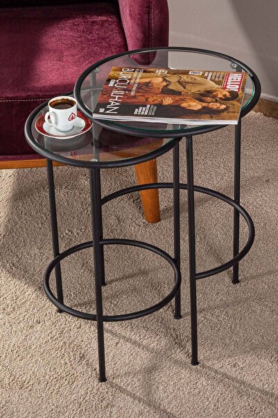 tino furniture Lotus Şeffaf Camlı Siyah Zigon Yan Sehpa