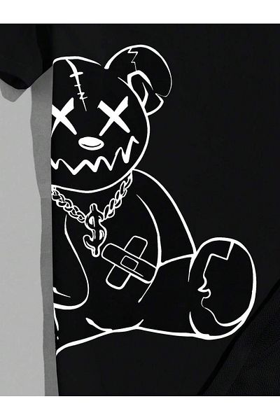Hunors Sportswear & Company Ανδρικό Oversize Black Never Bear εμπριμέ μπλουζάκι και σορτς - Crew Neck