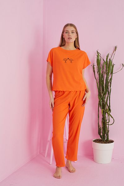 Siyah İnci Knitted Pajama Set - Orange Crinkle Fabric