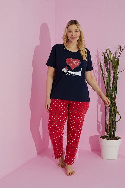 Siyah İnci Large Size Oversize Cotton Knitted Pajamas Set - Multicolor Curve