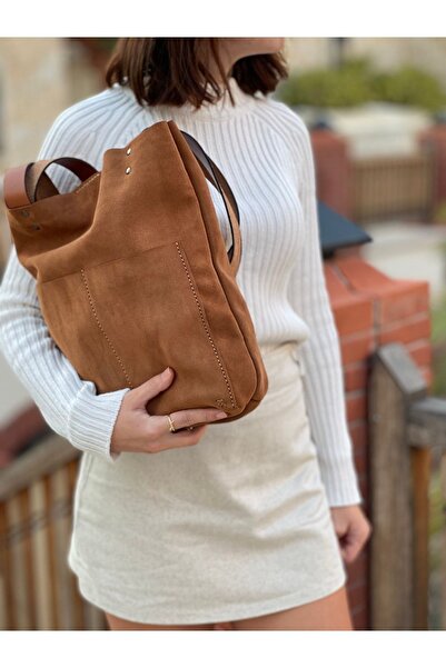 Tuvita Collection Bodrum %100 Gerçek Süet Deri El Yapımı Çok Cepli Kadın Taba...