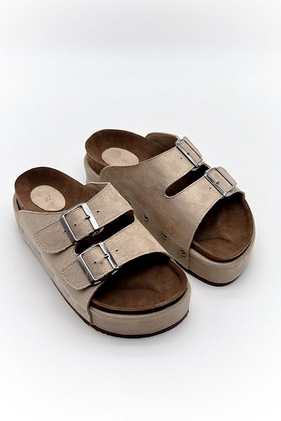 Shoebutik High-Sole Beige Studded Denis Women's Slippers