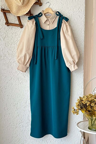 Ceylan Otantik Petrol Blue Sleeve Tie Gilet & Cream Classic Lapel Crop Shirt Set