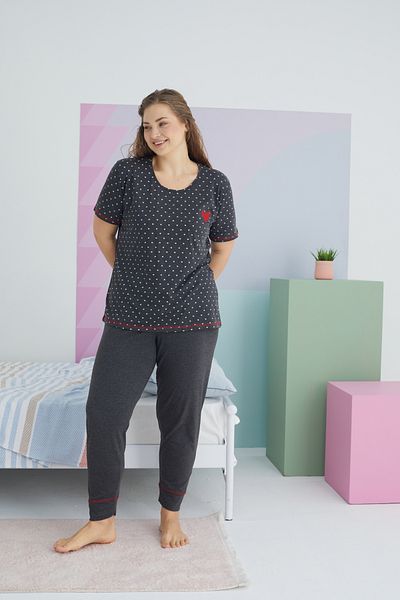 Siyah İnci Σετ Πιτζάμες Πλεκτό Βαμβακερό Ανθρακί Curve Plus Size - King Size