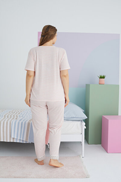 Siyah İnci açık somon Curve Büyük Beden Battal Boy Pamuklu Örme Pijama Takımı