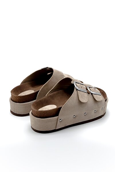 Shoebutik High-Sole Beige Studded Denis Women's Slippers
