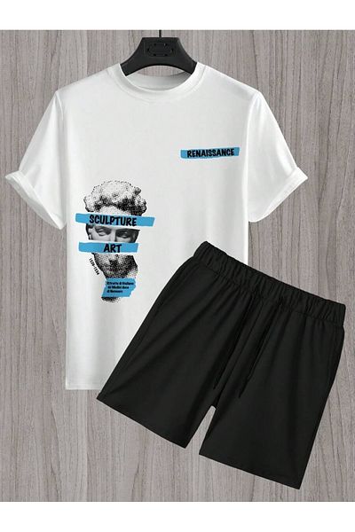 Hunors Sportswear & Company Αναγεννησιακό εμπριμέ λευκό μπλουζάκι και μαύρο σορτς - Σετ κοστουμιών με λαιμόκοψη