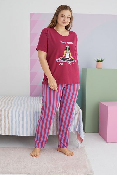 Siyah İnci Large Size Oversize Cotton Knitted Pajamas Set - Multicolor Curve