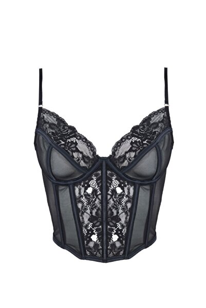 BICCA Grace Serisi Dantelli Korse Büstiyer Ip Askılı Transparan Saten Biyeli Sütyen Korseli Crop Top Siyah
