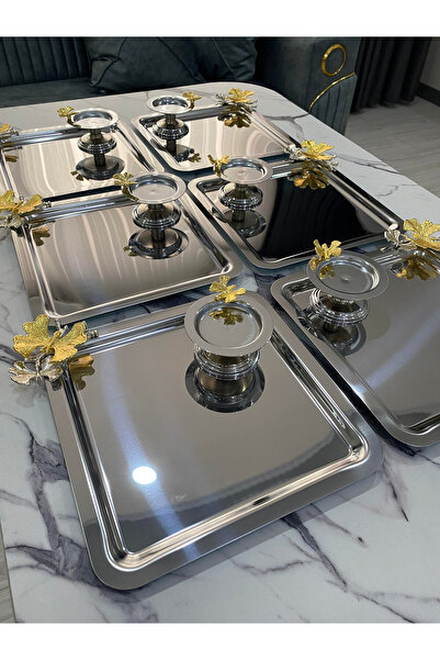 Aslı Hediyelik 2 FARKLI MODEL GÜMÜŞ 6'LI ÇELİK KARE SUNUM TEPSİSİ VE KELEBEKLİ MAKARONLUK